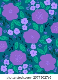 Beautiful purple flowers and leaves patterns on green background for web banner, branding package, fabric print, wallpaper, social media post, doodle, notes, book covers, wall decor.