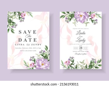 Beautiful purple flowers wedding invitation card template