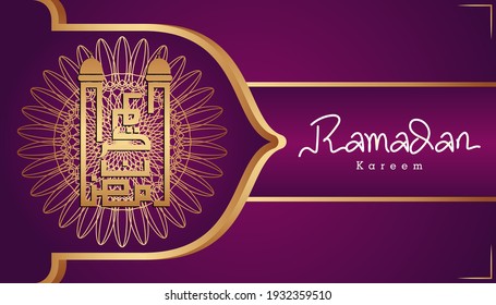 Beautiful purple and gold Arabic calligraphy Ramadan Kareem text and ornamental pattern design background. Vector Illustration