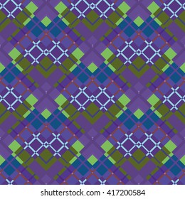 Beautiful purple and green diagonal plaid fabric. Vector illustration.