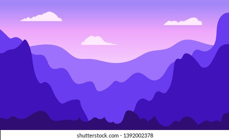 Beautiful purple landscape in trendy flat simple style. Nature background with gradient sky, clouds, mountains and forest