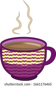 beautiful purple patterned mug with a hot drink on a white background. tea, coffee. tea things. color drawing of a hand. print, clipart.  design of cafe, restaurant, bar.