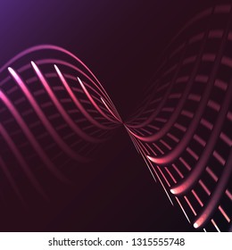 Beautiful purple pink abstract magical energy electric spiral twisted cosmic fire lattices of lines, stripes, sticks, rods of brilliant glowing on a purple background. Vector illustration. Texture.