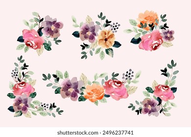 Hermoso arreglo floral de acuarela rosa púrpura