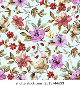 Beautiful purple red flowers, hand drawn, seamless, on a light background. Designed for fabric, fashion, textiles, wallpaper, gift wrap.