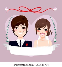 Beautiful purple Save The Date design composition showing Asian couple portrait with empty banner