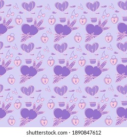 Beautiful purple seamless pattern with hearts and crystals on them, a lock and a balloon