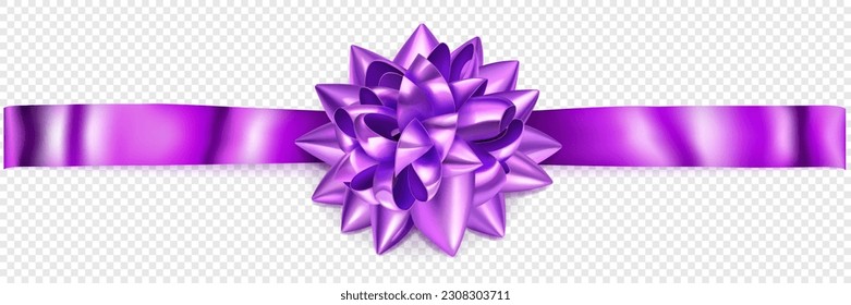 Beautiful purple shiny bow with horizontal ribbon with shadow on transparent background