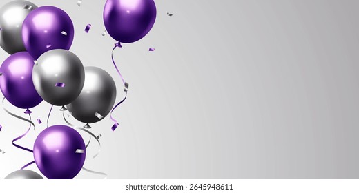 Beautiful purple and silver 3D balloons illustration background vector banner template.
