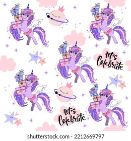 Beautiful purple unicorn with present and gift boxes seamless pattern on a white background. Vector cartoon illustration. Card for children