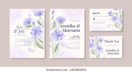 Hermosa plantilla de invitación a bodas moradas con la acuarela de ramo floral