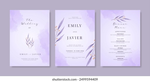 Beautiful purple wedding invitation with watercolor flower