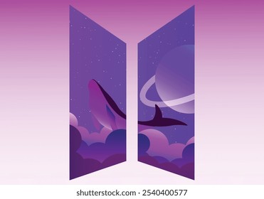 Beautiful purple whale flying freely on the purple galaxy sky