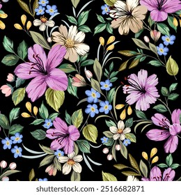 Beautiful purple yellow blue flowers, hand drawn, seamless, on black background. Designed for fabric, fashion, textiles, wallpaper, gift wrap.