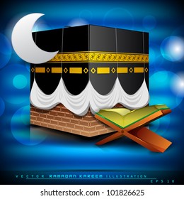 Beautiful Qaaba Sharif of Qaba with holy book Quran and moon on modern abstract blue background. EPS 10. Vector illustration.