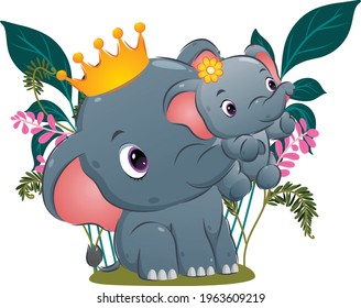 La hermosa reina del elefante está levantando a su bebé con su maletero en el jardín de la ilustración