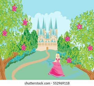 Beautiful queen in front of her castle 