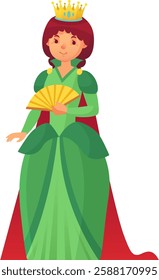 Beautiful queen with golden crown and red cape, wearing elegant green dress, holding a golden hand fan, isolated on white background, suitable for fairy tales or historical illustrations