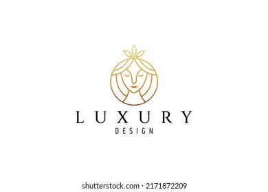 hermoso logo de reina con corona en marco de círculo envuelto en color dorado, lujo y elegante