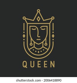 Beautiful Queen Logo Design Inspiration. Vector Illustration of Empress With Beautiful, Aesthetic Long Hair and Crown. Modern Icon Design Vector Template with Line Style
