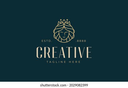 Beautiful Queen Logo Design Inspiration. Vector Illustration of Empress With Beautiful, Aesthetic Long Hair and Crown. Modern Icon Design Vector Template with Line Style