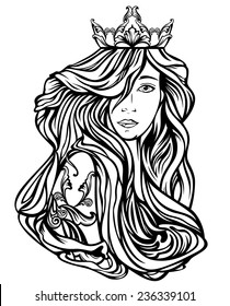 beautiful queen with long gorgeous hair - black and white art nouveau style vector design