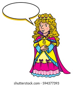 Beautiful queen or princess in medieval dress, the crown and the mantle, with long blonde curly hair. Profession ABC series. Children vector illustration. With balloon for text