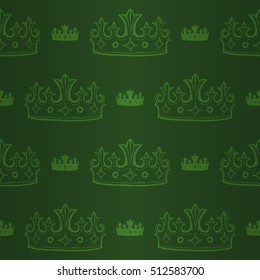 Beautiful queen seamless pattern with bright green crown ornament signs in style of fashion on nature green shining background. Design for wallpapers and textile print.