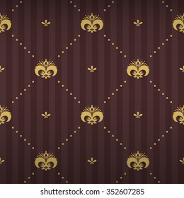 Beautiful queen seamless pattern with golden beige styled flower ornament elements on retro brown bright striped background with flower and dot fill out. Design for wallpapers and textile print.