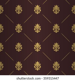 Beautiful queen seamless pattern with golden beige fleur de lys ornament elements on retro brown shining background with line tile fill out. Wallpaper, curtain design. Seamless pattern background.