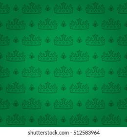 Beautiful queen seamless pattern with beautiful green corona ornament signs in style of fashion on emerald green shaded background. High quality decor design.