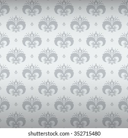 Beautiful queen seamless pattern with silver styled flower ornament elements on retro white shining background. Excellent textile, fabric, paper design. Royal seamless pattern. Seamless background.