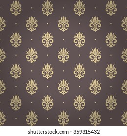 Beautiful queen seamless pattern with soft gray fleur de lys ornament elements on dust rose brown shaded background with polka dot fill out. Excellent textile, fabric, paper design. Seamless pattern.