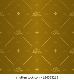 Beautiful queen seamless pattern with soft gold majestic inscription with crown ornament signs in style of fashion on elegant golden bright background with round cross and line fill out.