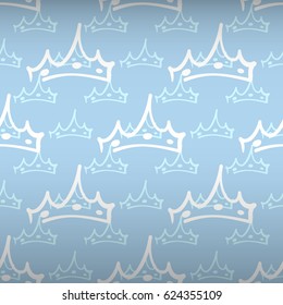 Beautiful queen seamless pattern with white crown ornament signs in style of fashion on rococo blue shaded background. High quality decor design.