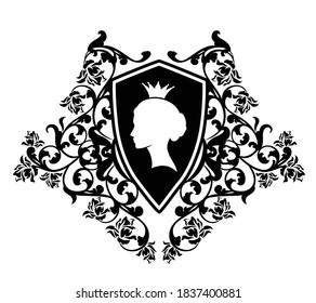 beautiful queen wearing royal crown and heraldic shield with rose flowers decor - black and white vector coat of arms