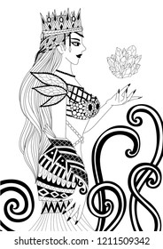 Beautiful queen witch doing black magic for coloring book pages for anti stress and design element for Holloween theme. Vector illustration