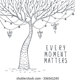 beautiful quick sketch tree with lanterns and stars and sample text. Vector illustration