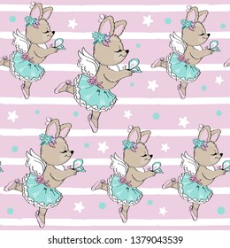 Beautiful rabbit ballerina holding a butterfly on a pink background seamless pattern
