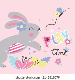 Hermosa caricatura de conejo jugando en el jardín de flores con pequeños campanarios ilustradores vectores.