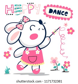 Beautiful rabbit in pink dress dancing with ribbon wand isolated on white background illustration vector.