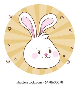 Beautiful rabbit smiling face cartoon on round striped background with stars vector illustration graphic design.