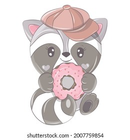 Beautiful raccoon isolated on white background. Cute animal illustration for baby products and holidays. Raccoon images are perfect for stickers, T-shirts, notebooks and other baby products.