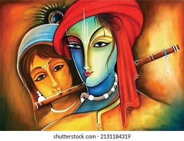 Beautiful Radhe And Blue Lord Krishna Together