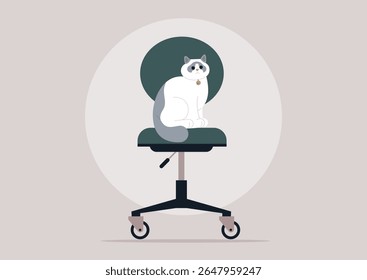 A beautiful Ragdoll cat sits atop a modern office chair with a round backrest, adding a touch of elegance and playfulness to the workspace atmosphere