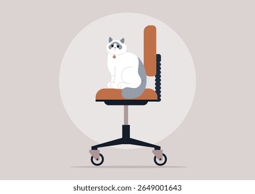 A beautiful Ragdoll cat sits atop a modern office chair with a round backrest, adding a touch of elegance and playfulness to the workspace atmosphere