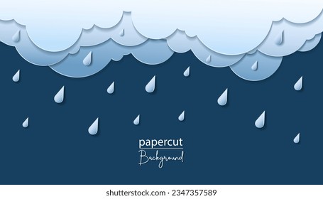 Beautiful rain clouds on dark blue sky background. Paper cut style. Place for text 3d papercut background with top and bottom cloudy sky. Rainy weather layered banner. Vector card illustration.