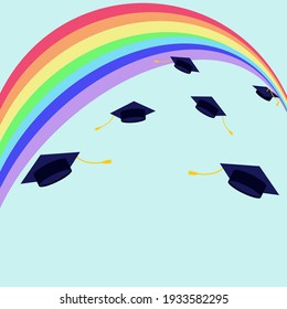 beautiful rainbow background with graduation caps in a row, on a blue panoramic background