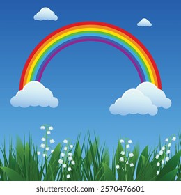 Beautiful Rainbow background. Illustration of a background with a colorful rainbow, blue sky, clouds, green grass and flowers.