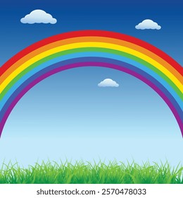 Beautiful Rainbow background. Illustration of a background with a colorful rainbow, blue sky, clouds, and green grass.